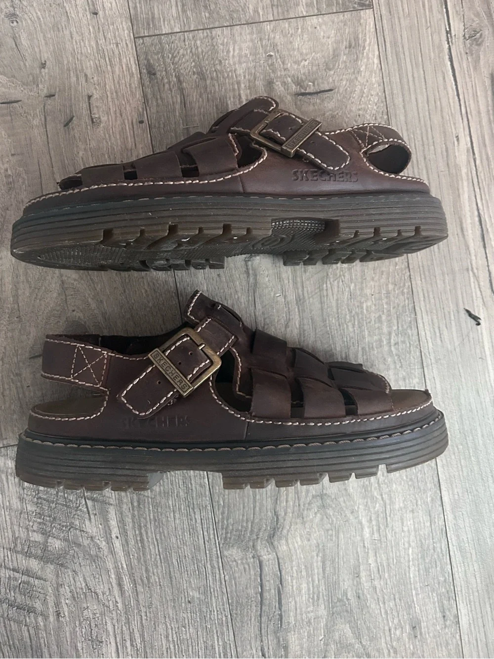 Vintage Y2K Skechers Brown Leather Fisherman Sandals Chunky Size 10
